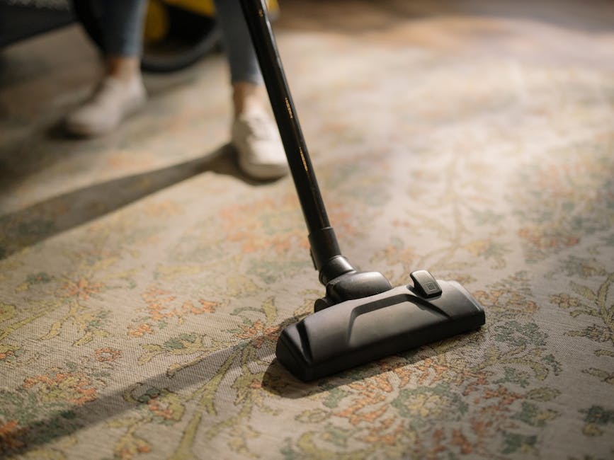 Close-up of a vacuum cleaner head actively deep cleaning a patterned area rug with floral motifs on a beige background. The vacuum cleaner features a black and grey design with a handle extending upward, operated by a person wearing grey trousers and white sneakers, partially visible in the background. The rug appears clean and well-maintained, with a slightly shiny surface indicating thorough cleaning. The scene is illuminated by soft, natural lighting, highlighting the intricate details of the carpet's design as part of a professional domestic cleaning session carried out by Finsbury Park Cleaner, which specializes in surface cleaning and sanitisation services for residential spaces.